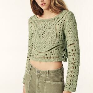 Ba&sh Marc Long Sleeve Crochet Cardigan Top M Kaki